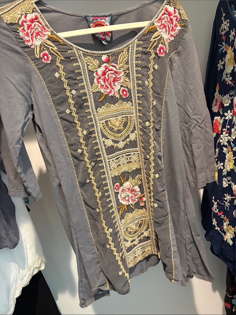 Johnny Was Gray Tunic with Gold and Pink Floral Embroidery